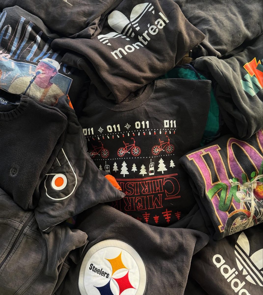 Collection of vintage branded sweatshirts and tees — Adidas, Steelers, Stranger Things